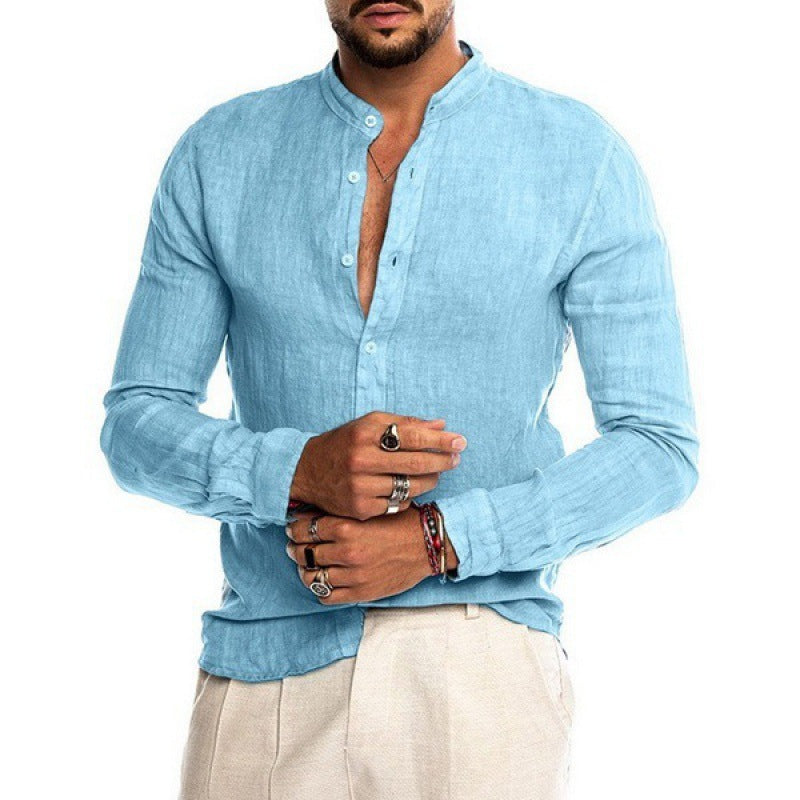 Herren Leichtes Leinenhemd mit Stehkragen, Slim-Fit und durchgehender Knopfleiste Nord Taschen