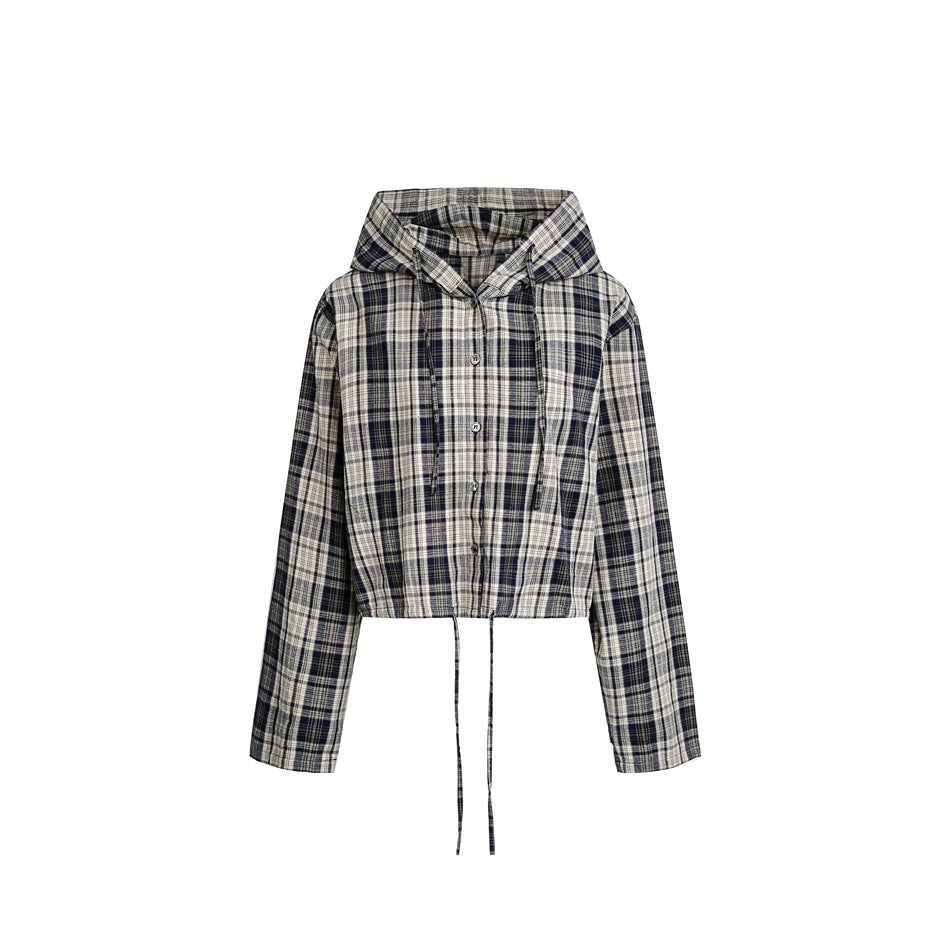 Damen Kurz geschnittene Kapuzen-Hemdjacke im Karo-Look mit Tunnelzugsaum Nord Taschen
