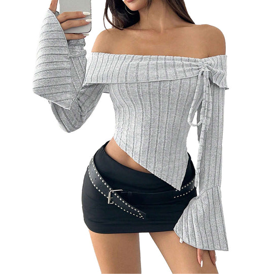 Damen schulterfreies geripptes Asymmetrisches Cropped-Top mit Glockenärmeln und Binddetail Nord Taschen