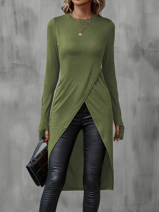 Damen Asymmetrische Langarm-Tunika mit Wickel-Saum Nord Taschen