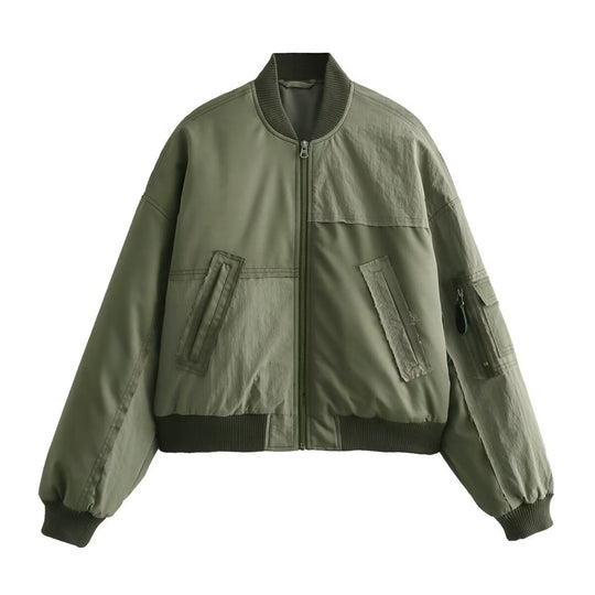 Damen Kurze Oversize-Bomberjacke mit Utility-Taschen und Rippbündchen Nord Taschen