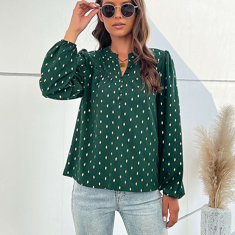 Damen Leichte Viskosebluse mit zartem Ikat‑Print, Stehkragen und dekorativer Knopfleiste Nord Taschen