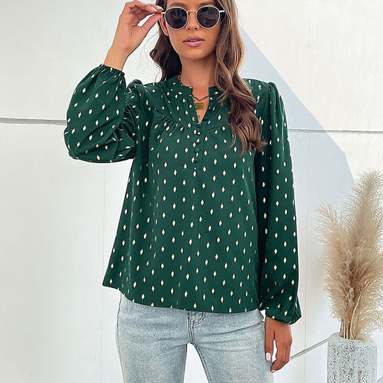 Damen Leichte Viskosebluse mit zartem Ikat‑Print, Stehkragen und dekorativer Knopfleiste Nord Taschen