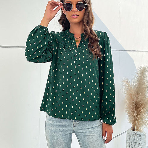 Damen Leichte Viskosebluse mit zartem Ikat‑Print, Stehkragen und dekorativer Knopfleiste Nord Taschen