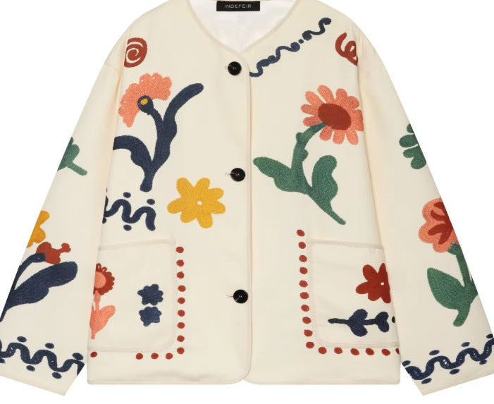 Damen Boxy Cardiganjacke mit floralen Applikationen und aufgesetzten Taschen Nord Taschen