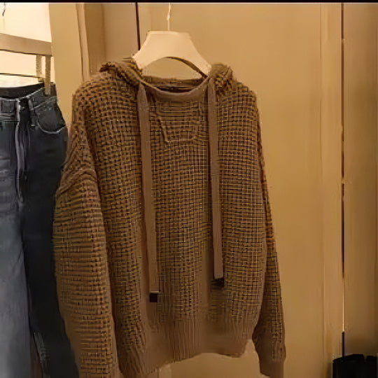 Damen Grob gestrickter Kapuzenpullover mit Waffelstruktur und Kordelzug Nord Taschen