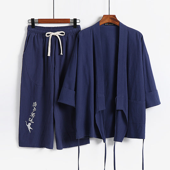 Unisex Leichtes Kimono-Loungewear-Set aus Baumwoll-Leinen mit bestickter Haremshose und Bindegürtel Nord Taschen