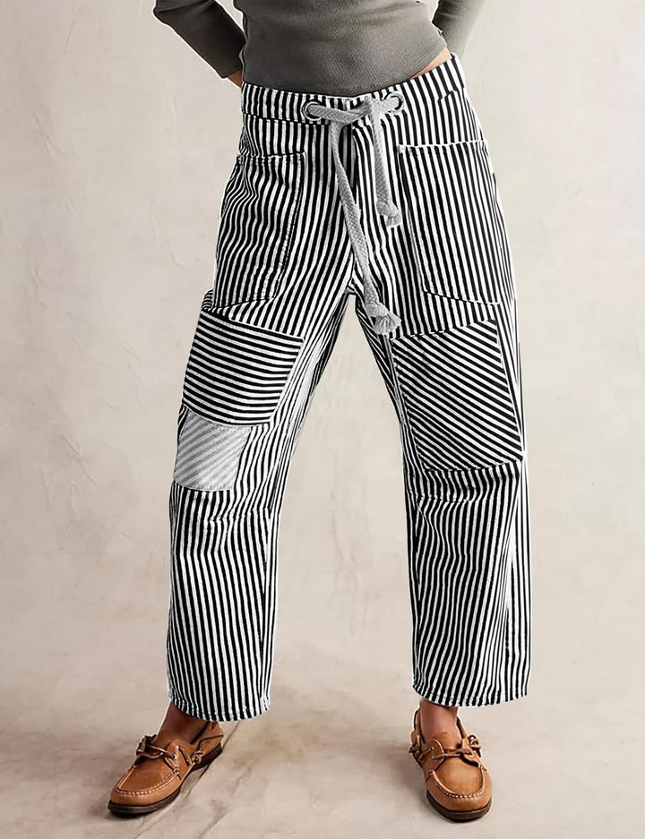 Damen lässige gestreifte Leinenhose mit Kordelzug und aufgesetzten Taschen Nord Taschen