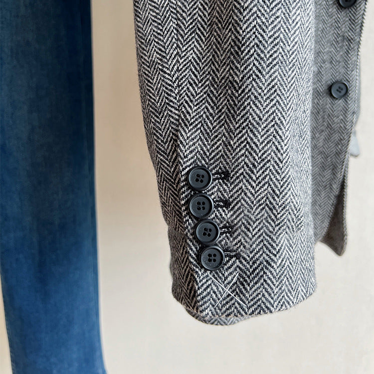 Damen Lockere Wollmix-Blazer im Fischgrät-Tweed mit Kontrast-Ellenbogenpatches Nord Taschen