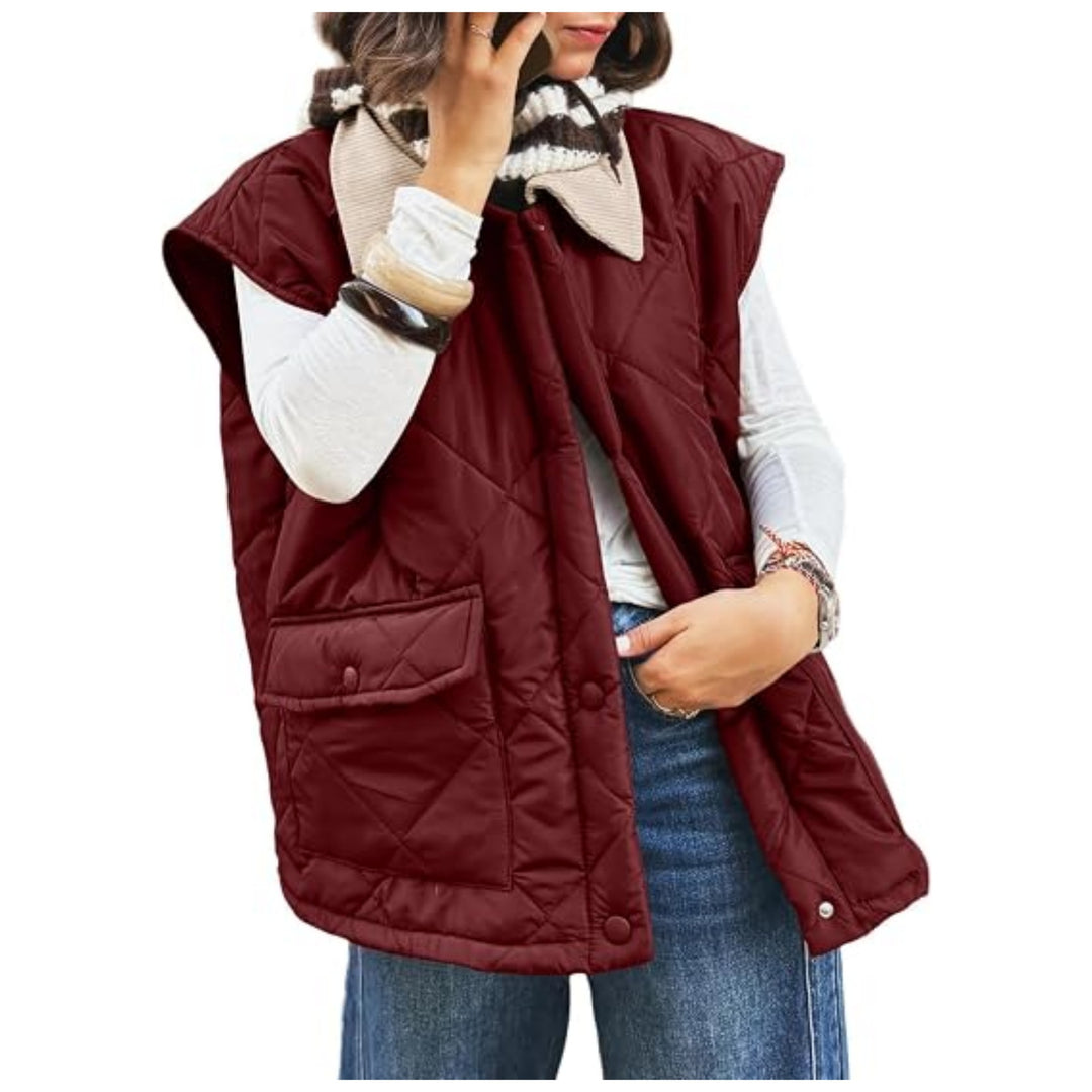 Damen Oversize Steppweste mit Druckknopf-Taschen und hohem Kragen Nord Taschen