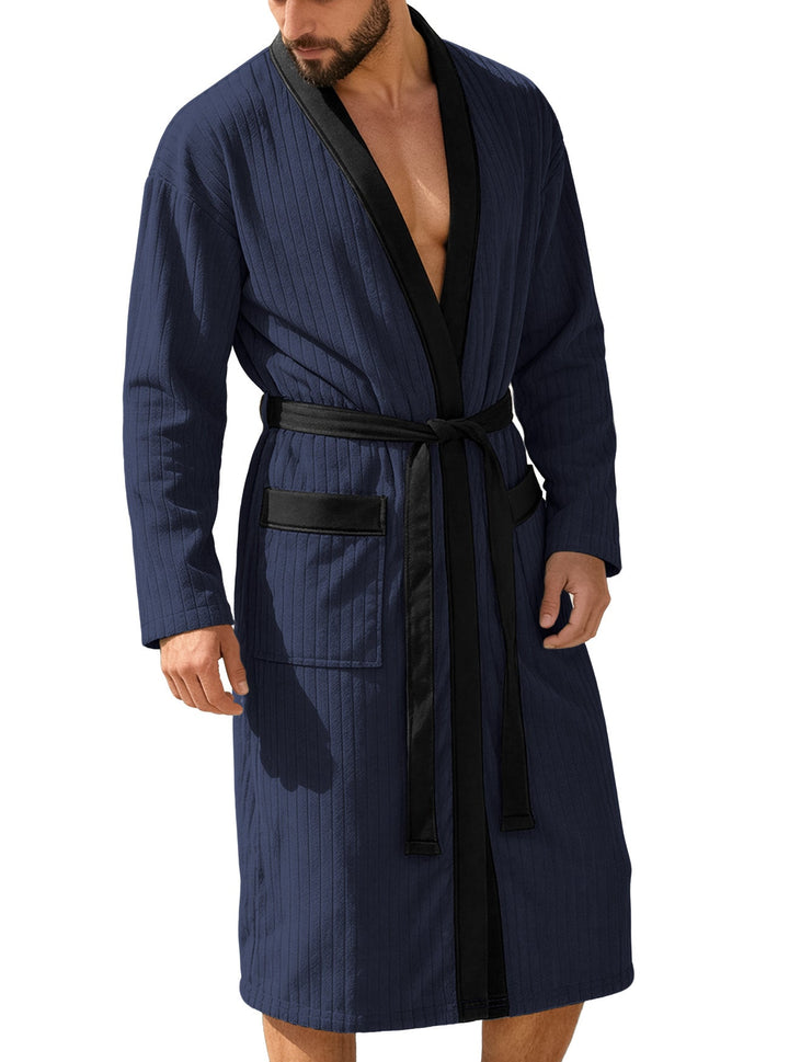 Herren nan wadenlanger Rippen-Bademantel im Kimono-Stil mit Schalkragen und Kontrastpaspel