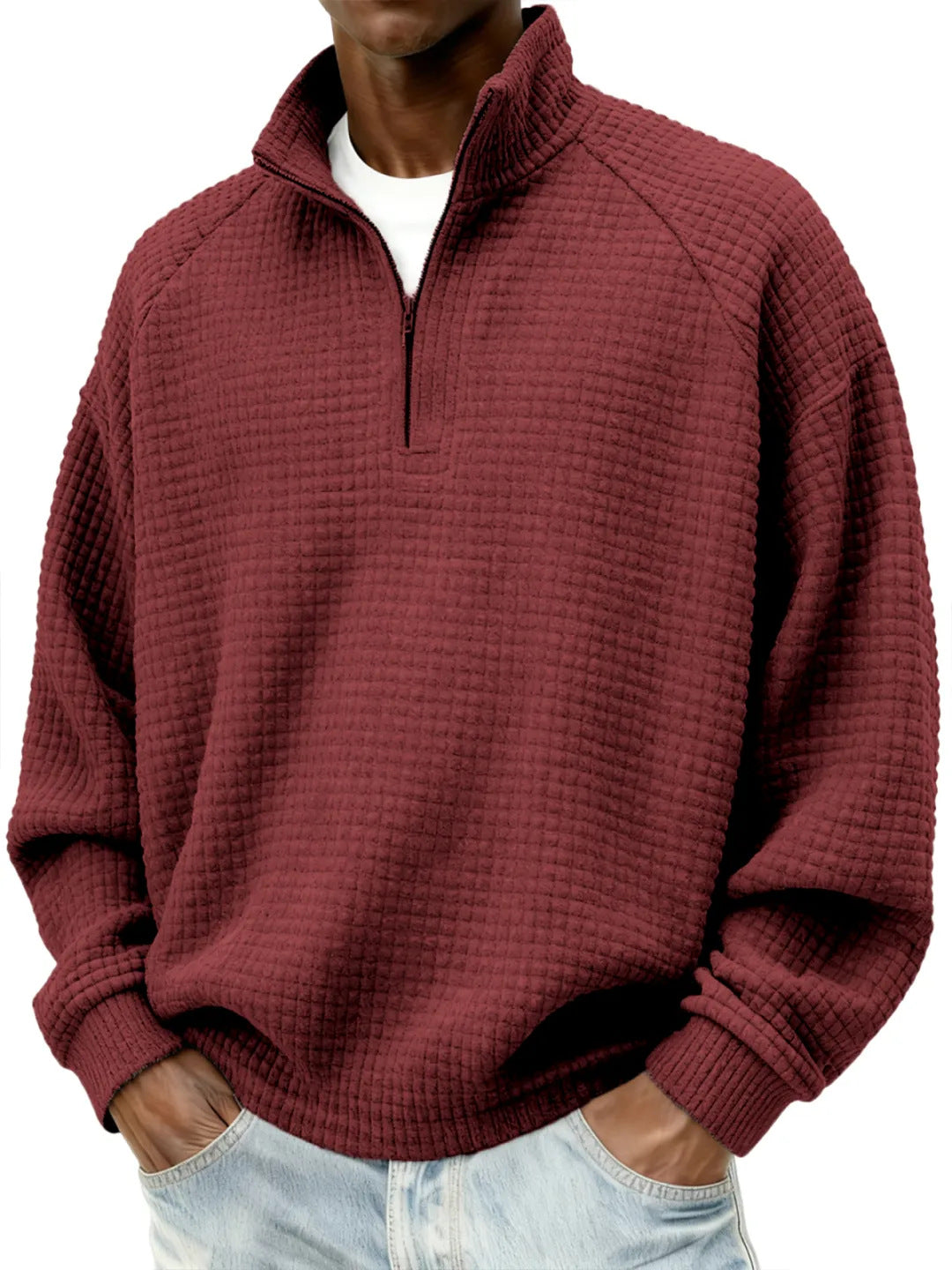 Herren Waffelstrick-Oversize-Pullover mit Halbreißverschluss und Stehkragen Nord Taschen