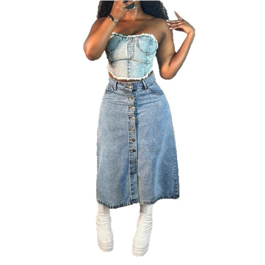 Damen A-Linien Denim-Midirock mit taillenhohem Bund und durchgehender Knopfleiste Nord Taschen