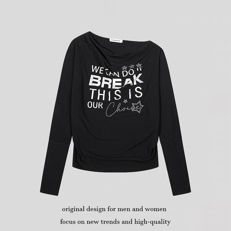 Damen Weiches Langarmshirt mit Wasserfallausschnitt, Statement-Print und Strassapplikationen Nord Taschen