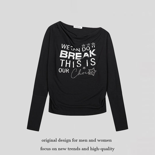 Damen Weiches Langarmshirt mit Wasserfallausschnitt, Statement-Print und Strassapplikationen Nord Taschen