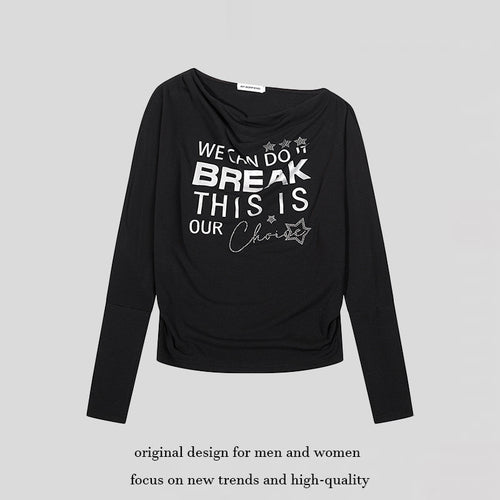 Damen Weiches Langarmshirt mit Wasserfallausschnitt, Statement-Print und Strassapplikationen Nord Taschen