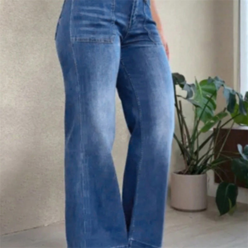 Damen Hochtaillierte Denim-Jeans mit weitem Schlagbein und aufgesetzten Vordertaschen Nord Taschen