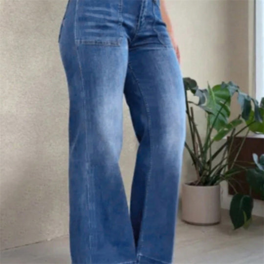 Damen Hochtaillierte Denim-Jeans mit weitem Schlagbein und aufgesetzten Vordertaschen Nord Taschen
