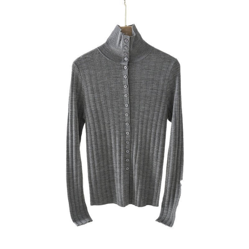 Damen Schmaler Rippen-Longsleeve-Cardigan mit verdeckter Knopfleiste und Stehkragen Nord Taschen