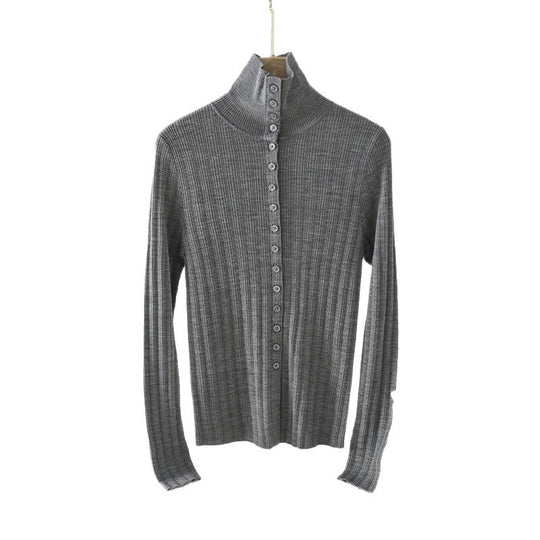 Damen Schmaler Rippen-Longsleeve-Cardigan mit verdeckter Knopfleiste und Stehkragen Nord Taschen
