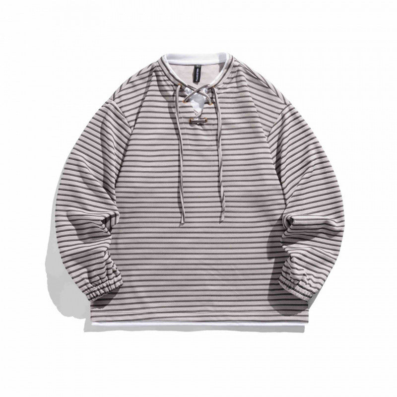Unisex Gestreifter Oversize-Pullover mit Schnürkragen und Strukturstrick Nord Taschen