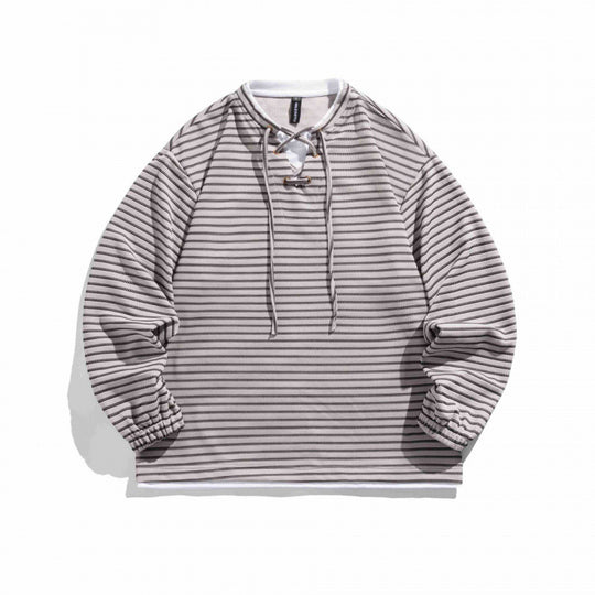 Unisex Gestreifter Oversize-Pullover mit Schnürkragen und Strukturstrick Nord Taschen
