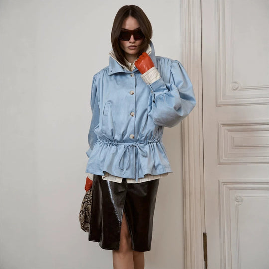 Damen Kurzjacke mit Volumenärmeln, Tunnelzugbund und Stehkragen Nord Taschen