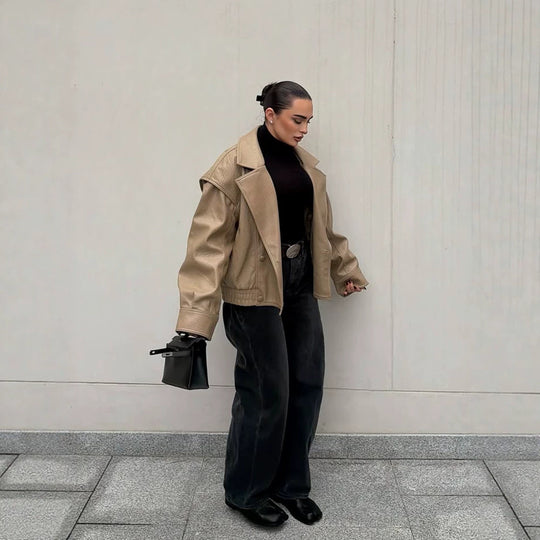 Damen Oversize-Lederimitat-Bomberjacke mit Boxy-Schnitt und weitem Revers Nord Taschen