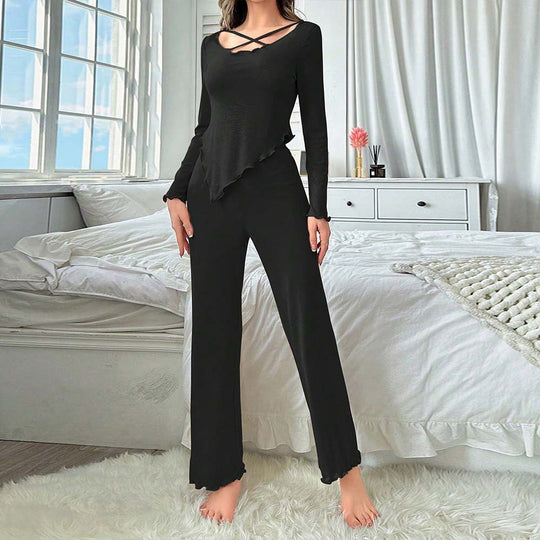 Damen lässiges Lounge-Set mit asymmetrischem Zipfeloberteil, gekreuztem Ausschnitt und weitem Bein Nord Taschen