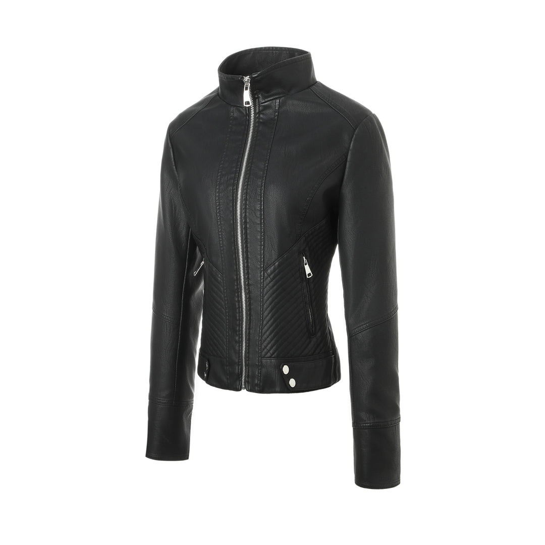 Damen Schlanke Echtlederjacke mit Stehkragen, Stepppaneelen und Reißverschluss Nord Taschen