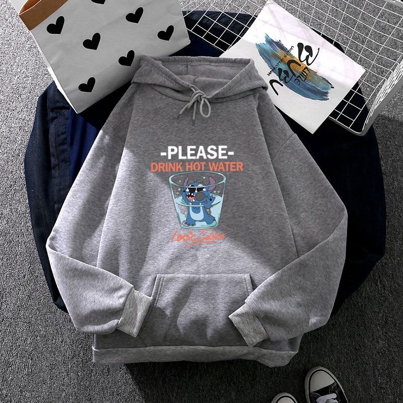 Damen nan Kapuzenpullover mit großflächigem Cartoon-Glas-Print, weichem Fleece-Innenfutter und Kängurutasche Nord Taschen