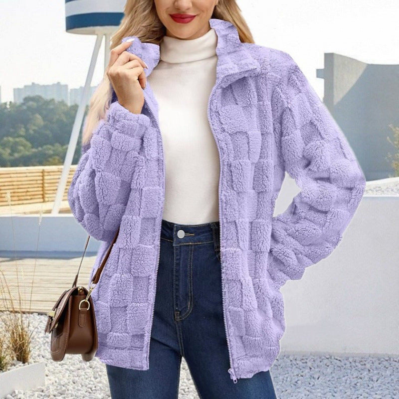Damen Teddyjacke mit Karo-Struktur, Stehkragen und Reißverschluss Nord Taschen