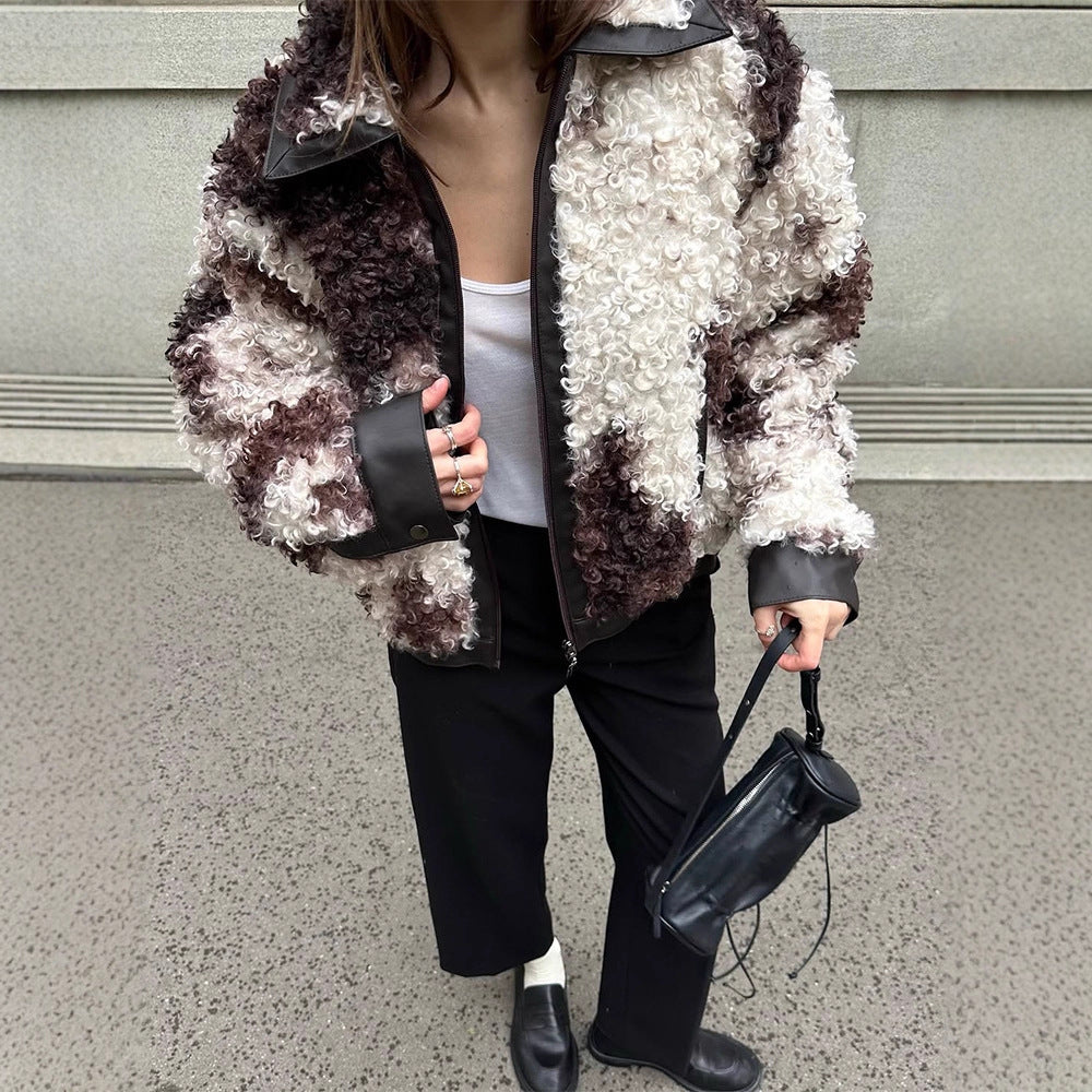 Damen Kurzblouson aus lockigem Bouclé‑Fauxfur mit Lederoptik‑Besatz Nord Taschen