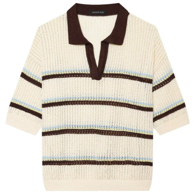 Damen Kurzarm Polo-Strickpullover mit V‑Ausschnitt, Strukturmuster und Streifendetail Nord Taschen