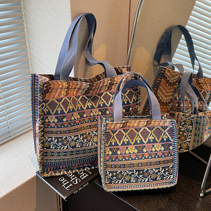 Damen Trendige Jute-Tasche mit buntem Ethnomuster Nord Taschen