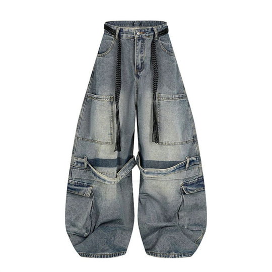 Damen Weite Denim-Cargo-Hose im Balloon-Schnitt mit großen Aufsatztaschen und geflochtenem Gürtel Nord Taschen