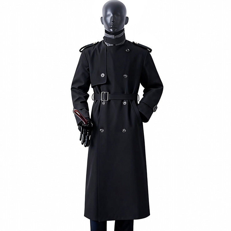 Herren Zeitloser Maxilanger Trenchcoat im Military-Stil mit Sturmklappe und Taillengürtel Nord Taschen