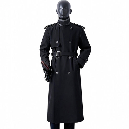 Herren Zeitloser Maxilanger Trenchcoat im Military-Stil mit Sturmklappe und Taillengürtel Nord Taschen