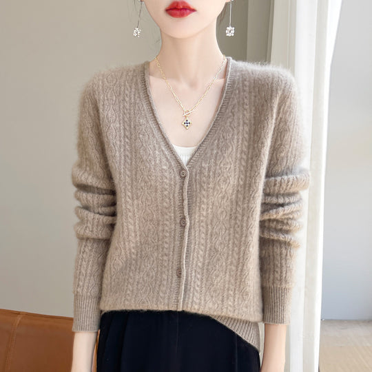 Damen Kurzer Zopfmuster-Cardigan im Mohair-Look mit V‑Ausschnitt und gerippten Bündchen Nord Taschen