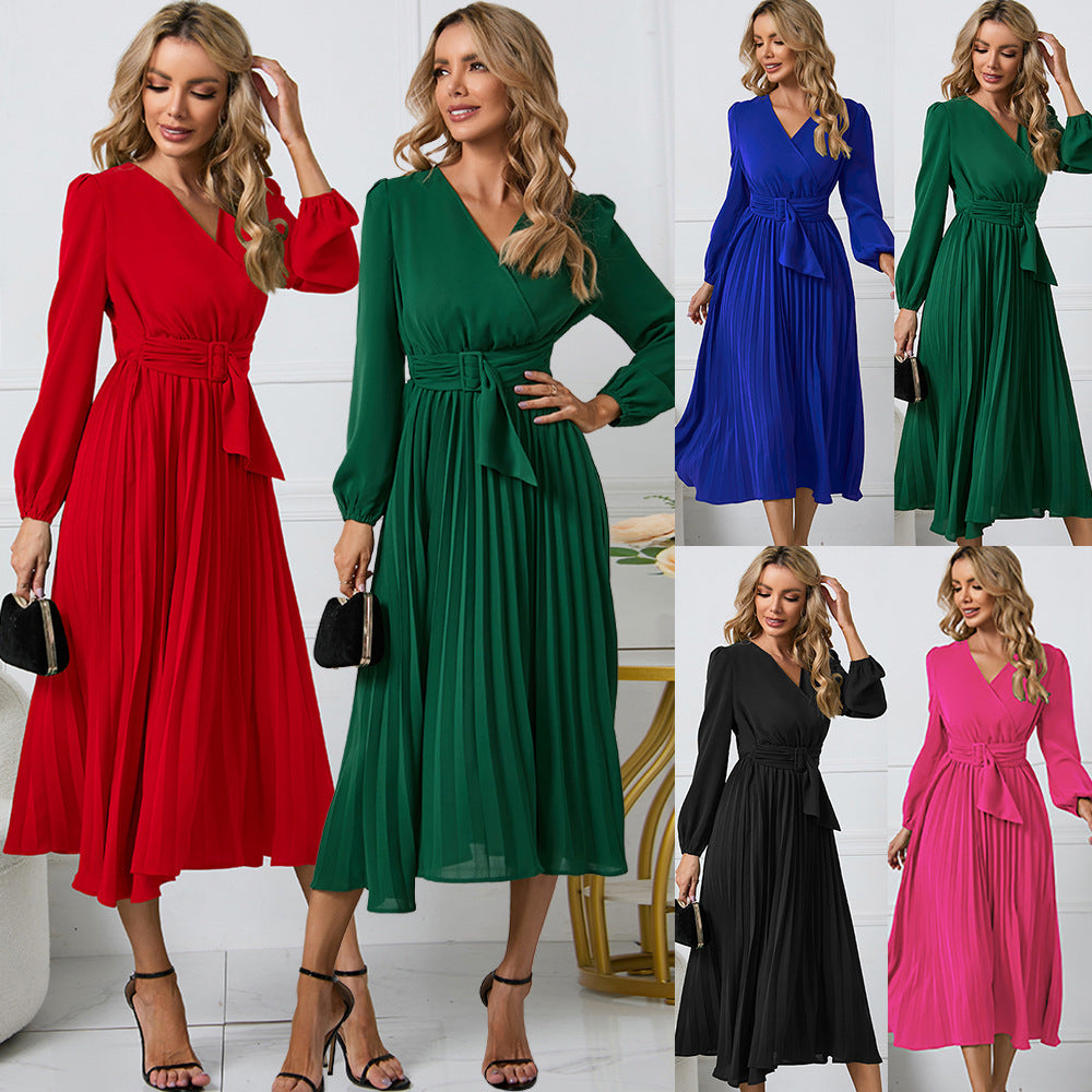 Damen Plissiertes Wickel‑Midikleid mit Taillengürtel und V‑Ausschnitt Nord Taschen