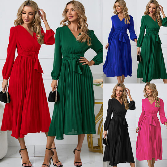Damen Plissiertes Wickel‑Midikleid mit Taillengürtel und V‑Ausschnitt Nord Taschen
