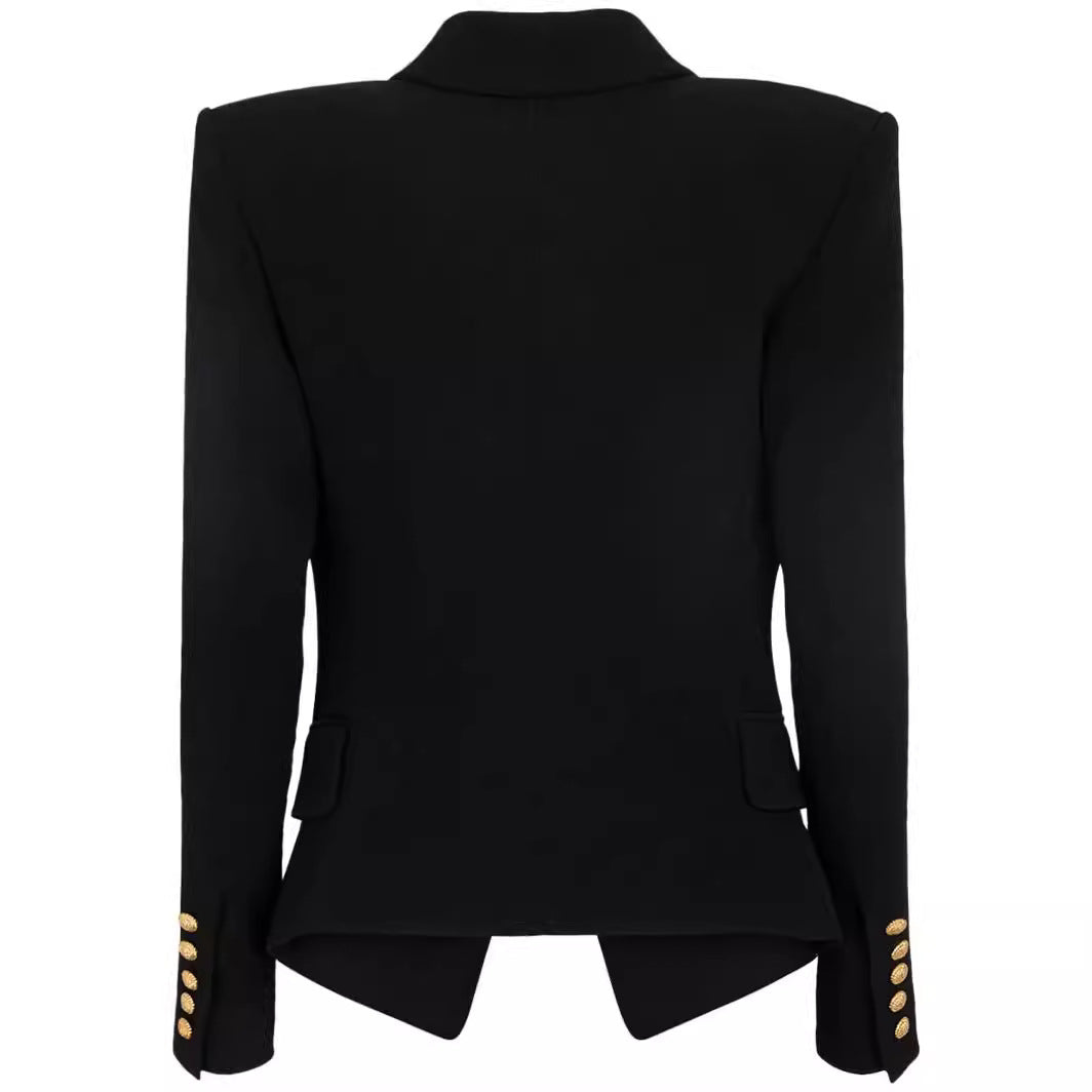 Damen Figurnaher Smokingblazer im Tailoring mit betonter Schulter und goldener Zierknopfleiste Nord Taschen