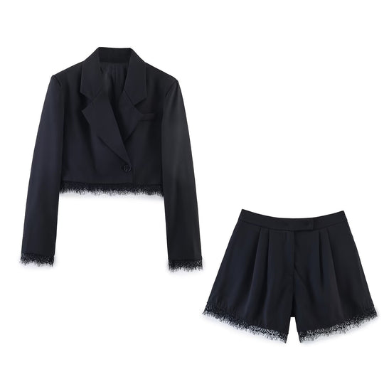 Damen Cropped-Blazer mit Spitzenbordüre, taillierter Ein-Knopf-Silhouette Nord Taschen