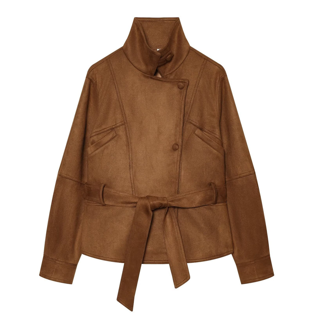 Damen Taillierte Kurzjacke aus weichem Veloursimitat mit asymmetrischer Knopfleiste und Bindegürtel Nord Taschen