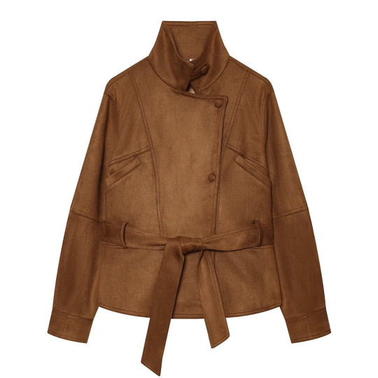 Damen Taillierte Kurzjacke aus weichem Veloursimitat mit asymmetrischer Knopfleiste und Bindegürtel Nord Taschen