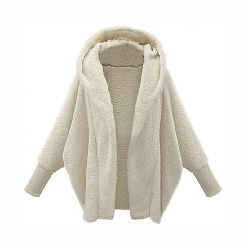 Damen Kuscheliger Oversize-Kapuzencardigan aus Teddyfleece mit Fledermausärmeln Nord Taschen