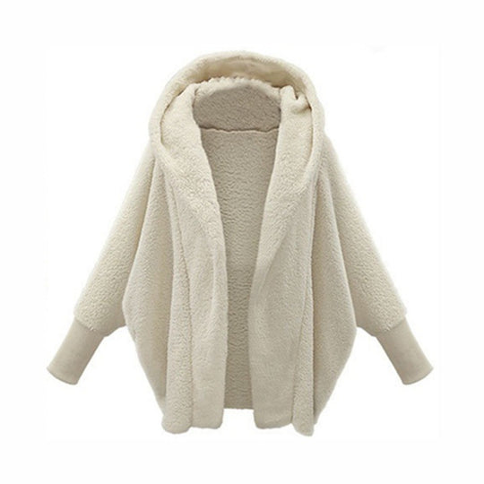 Damen Kuscheliger Oversize-Kapuzencardigan aus Teddyfleece mit Fledermausärmeln Nord Taschen