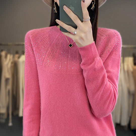 Damen Weicher Kaschmir‑Optik Feinstrickpullover mit Ajour‑Yoke und Paillettenbesatz Nord Taschen