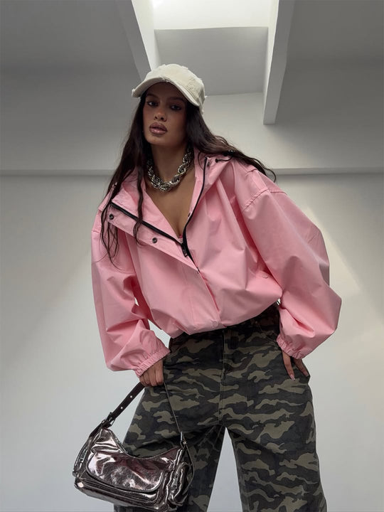 Damen Oversize Windbreaker Jacke mit Kapuze und kurzem Cropped‑Schnitt Nord Taschen