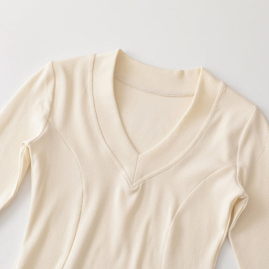 Damen Geripptes Langarmshirt mit V-Ausschnitt und taillierter Schnittführung Nord Taschen